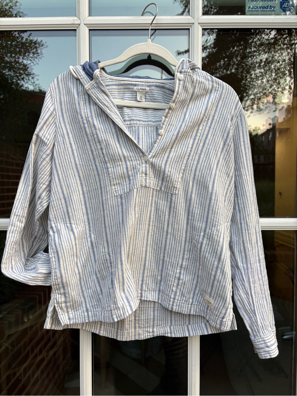 L.L. Bean Blue and White Striped Linen Cotton Hooded Pullover